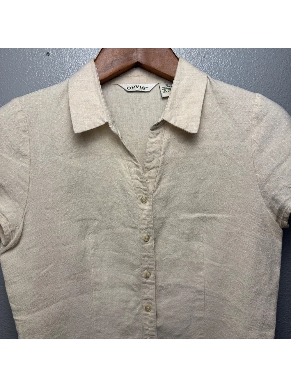 Orvis 100% Linen Short Sleeve Button Front Blouse Women’s Size 10 Beige - Picture 3 of 9